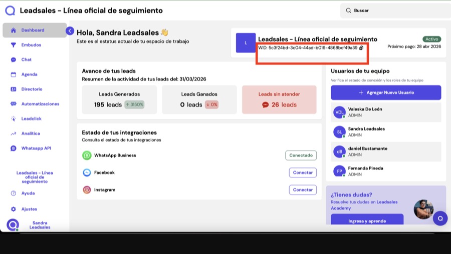 Ubicación del WID en el panel de Leadsales